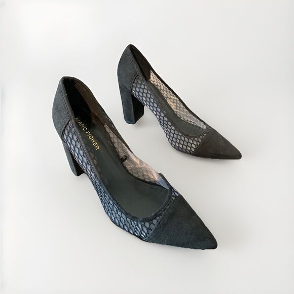 Marc Fisher Womens GILDIE Black Suede Mesh Fishnet Side Block Heel Shoes Sz 8.5 - Picture 3 of 8